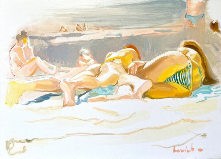 Schilderij getiteld "Sunbathing" door Alexander Levich, Origineel Kunstwerk, Olie Gemonteerd op Frame voor houten brancard