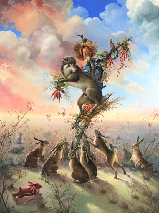 Painting titled "Hares" by Aleksandr Mikhalchuk, Original Artwork, Oil