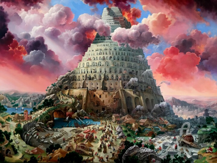 Painting titled "The Tower of Babel." by Aleksandr Mikhalchuk, Original Artwork, Oil