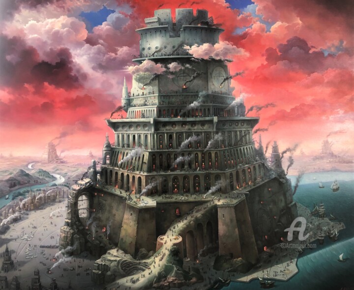 Pintura titulada "The Tower of Babel.…" por Aleksandr Mikhalchuk, Obra de arte original, Oleo