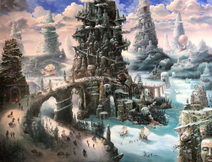 Painting titled "Winter towers" by Aleksandr Mikhalchuk, Original Artwork, Oil