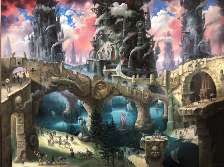 Pittura intitolato "Towers and bridges." da Aleksandr Mikhalchuk, Opera d'arte originale, Olio