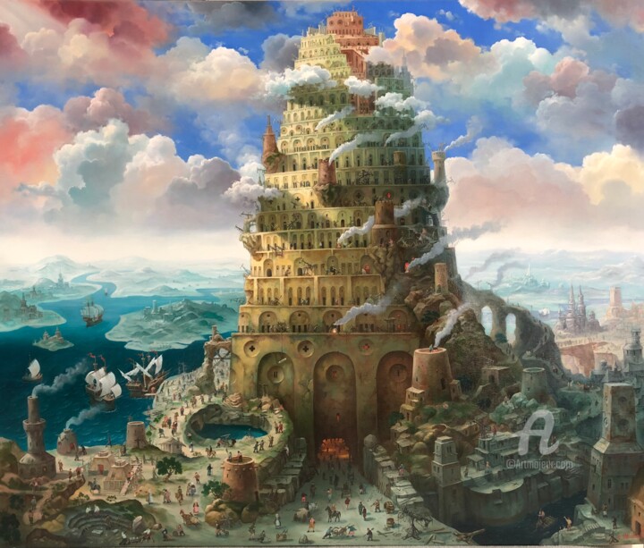 Schilderij getiteld "Tower of Babel. LIG…" door Aleksandr Mikhalchuk, Origineel Kunstwerk, Olie