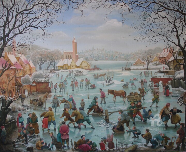 Painting titled "Winter Games" by Aleksandr Mikhalchuk, Original Artwork, Oil
