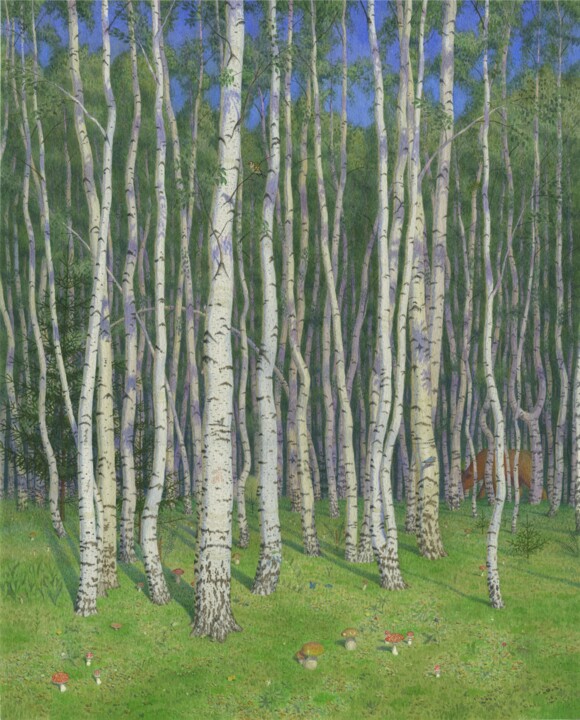 Painting titled "Birches" by Alexander Mukhin-Cheboksarsky, Original Artwork, Watercolor