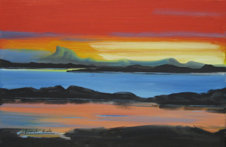 Painting titled "Sunset over Eigg, A…" by Alexander Taylor Dickie, Original Artwork, Oil Mounted on Wood Stretcher frame