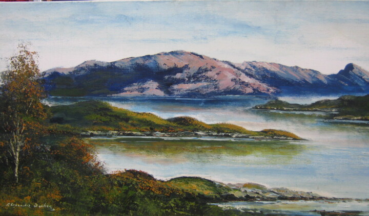 Painting titled "Loch A' Cha'irn Bha…" by Alexander Taylor Dickie, Original Artwork, Oil Mounted on Wood Stretcher frame