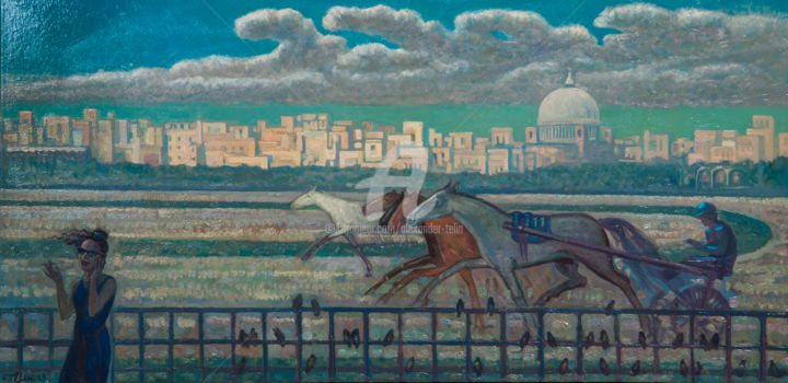 Schilderij getiteld "Habitues Horse Raci…" door Alexander Telin, Origineel Kunstwerk, Olie