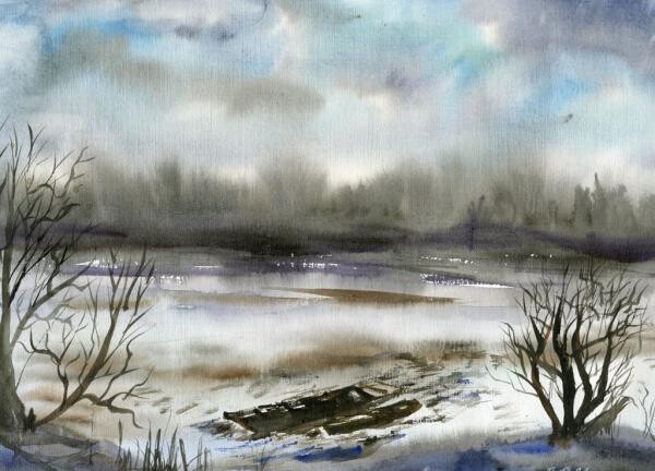Картина под названием "зима" - Александр Ущиповский, Подлинное произведение искусства, Акварель