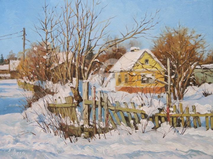 Painting titled "Winter day. Fence" by Alexander Volya, Original Artwork, Oil