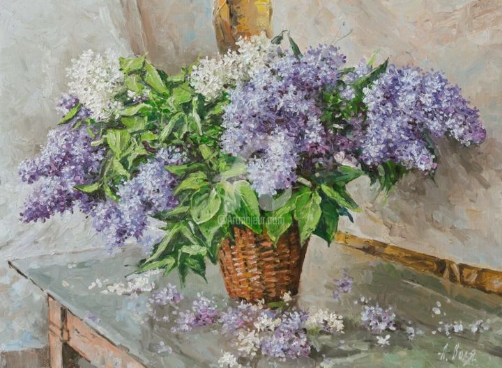 Malerei mit dem Titel "Lilac on the table" von Alexander Volya, Original-Kunstwerk, Öl