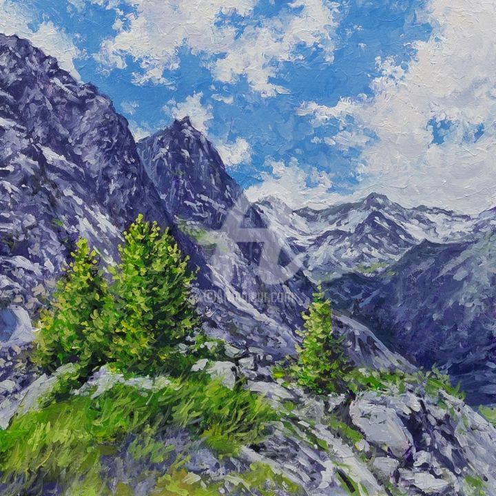 Schilderij getiteld "Mountain Sketch" door Alexander Volya, Origineel Kunstwerk, Olie