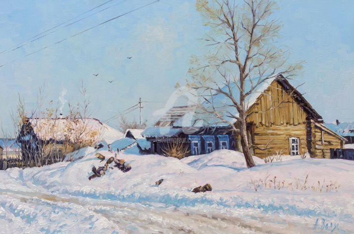 Painting titled "Winter Village Day" by Alexander Volya, Original Artwork, Oil
