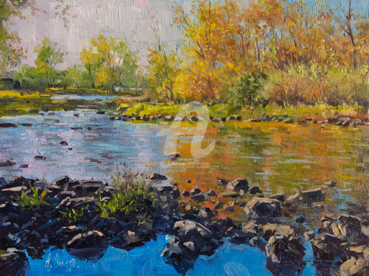 Malerei mit dem Titel "Autumn, river" von Alexander Volya, Original-Kunstwerk, Öl