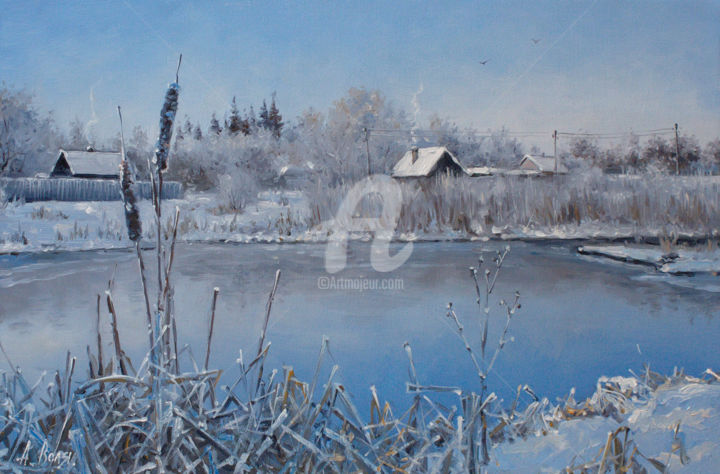 Painting titled "Freezing lake" by Alexander Volya, Original Artwork, Oil