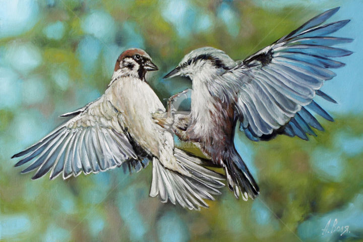 Painting titled "Little Angry birds.…" by Alexander Volya, Original Artwork, Oil