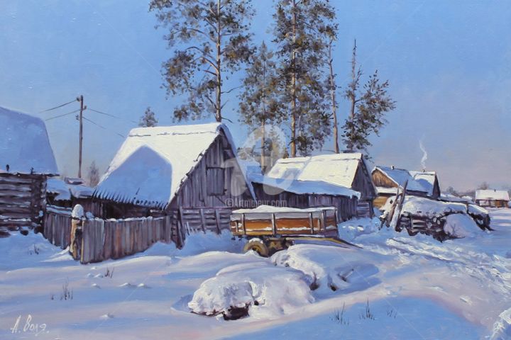 Pittura intitolato "Winter Day. Village" da Alexander Volya, Opera d'arte originale, Olio