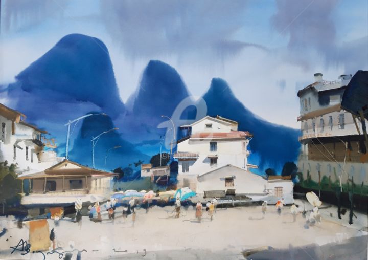 Картина под названием "umbrellas" - Alexander Votsmush, Подлинное произведение искусства, Акварель