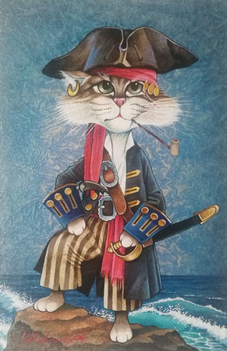 Painting titled "Pirate Cat" by Alexander Ishchenko, Original Artwork, Acrylic