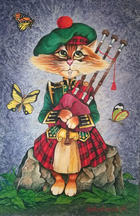 Painting titled "Bagpipes Cat" by Alexander Ishchenko, Original Artwork, Acrylic