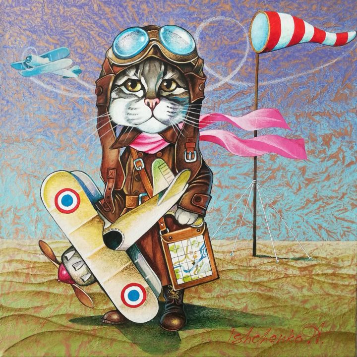 Painting titled "Aviator Cat" by Alexander Ishchenko, Original Artwork, Acrylic