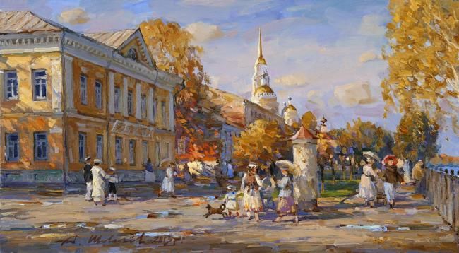 Painting titled "Осень на набережной…" by Aleksandr Shevelev, Original Artwork, Oil