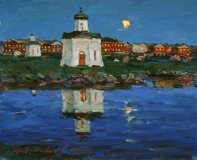 Painting titled "Соловки.Ночь.Оргали…" by Aleksandr Shevelev, Original Artwork, Oil