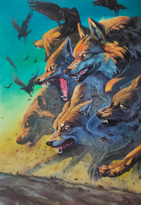 Painting titled "Pack of wolves" by Alexandr Arzhanov, Original Artwork, Acrylic Mounted on Wood Stretcher frame