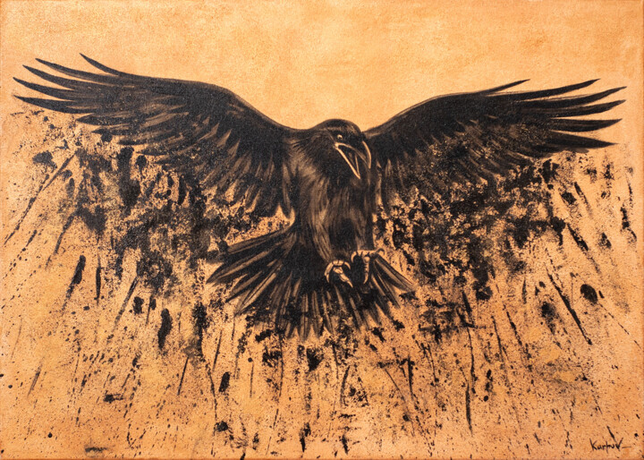 Painting titled "Raven, black gold" by Alexandr Karpov, Original Artwork, Acrylic Mounted on Wood Stretcher frame