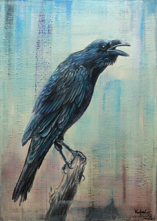 Painting titled "Raven on a branch" by Alexandr Karpov, Original Artwork, Acrylic Mounted on Wood Stretcher frame