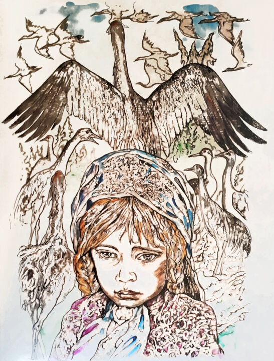 Pintura titulada "Taldom cranes" por Alexandr Moskvitin, Obra de arte original, Acuarela