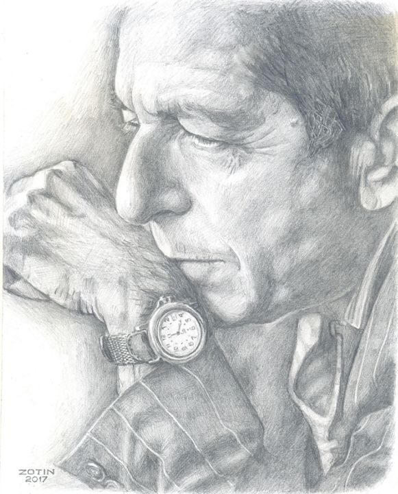 Drawing titled "Leonard Cohen" by Alexandr Zotin, Original Artwork, Pencil