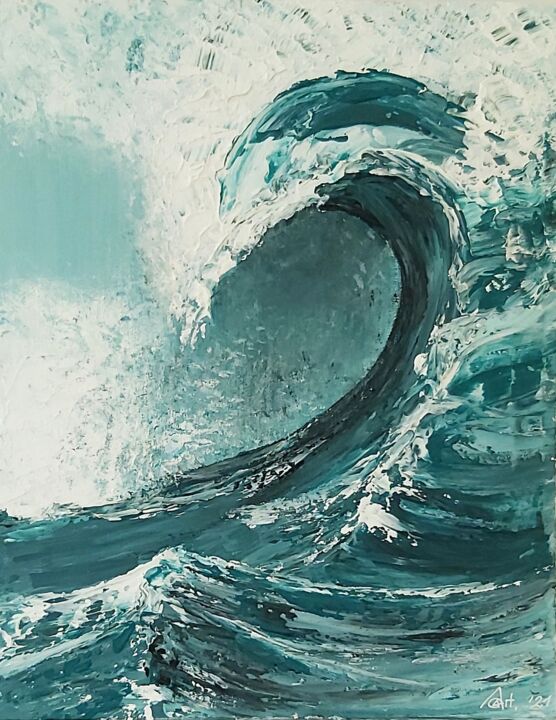 Painting titled "Ocean wave" by Alexandra Amelchenko (As_Art), Original Artwork, Acrylic Mounted on Wood Stretcher frame
