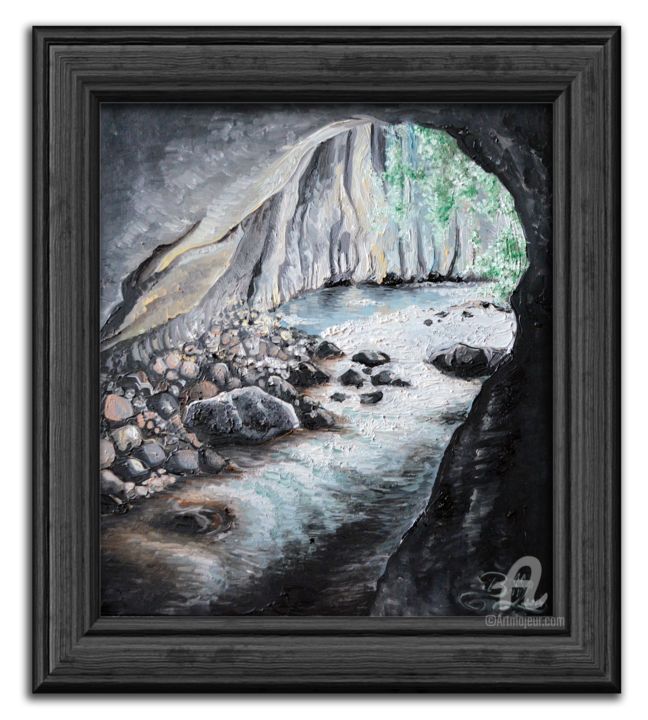 Painting titled "cave on Tismana riv…" by Alexandra Andreea Branea, Original Artwork, Oil