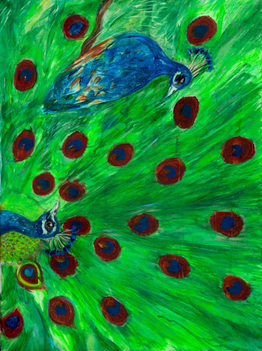 Painting titled "Peacocks" by Alexandra Berliner, Original Artwork, Acrylic