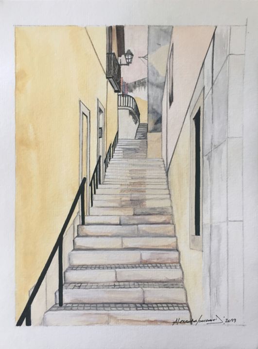 Schilderij getiteld "Alfama, Lisboa" door Alexandra Bernardes, Origineel Kunstwerk, Aquarel