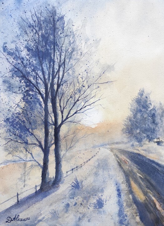 Painting titled "Winter Landscape" by Alexandra Dumitru, Original Artwork, Watercolor