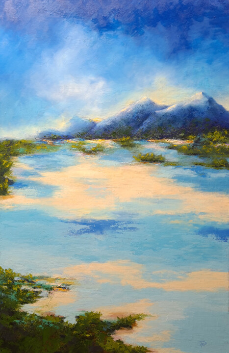 Painting titled "Tropical Landscape" by Alexandra Ghindea-Parvescu, Original Artwork, Oil Mounted on Wood Stretcher frame
