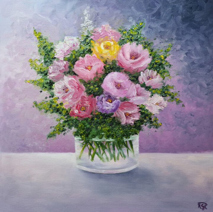 Painting titled "Bouquet" by Alexandra Ghindea-Parvescu, Original Artwork, Oil Mounted on Wood Stretcher frame
