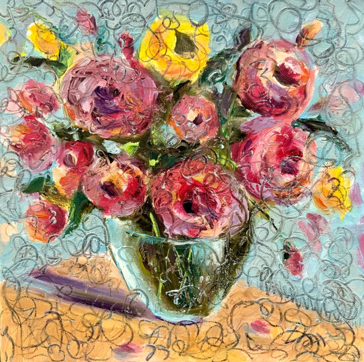 Painting titled "Bouquet of Flowers…" by Alexandra Jagoda, Original Artwork, Oil Mounted on Wood Stretcher frame