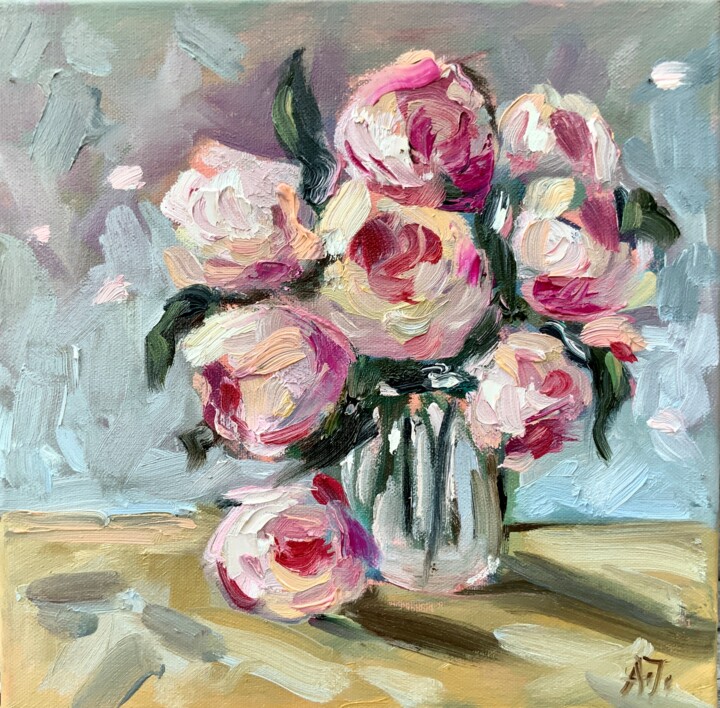 Painting titled "Rose Bush - flowers…" by Alexandra Jagoda, Original Artwork, Oil Mounted on Wood Stretcher frame