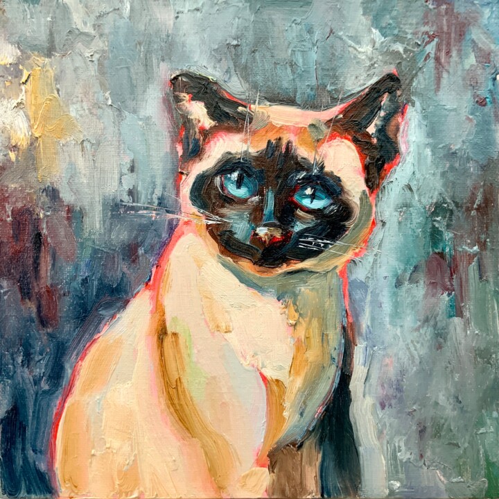 Painting titled "Siamese Cat with Az…" by Alexandra Jagoda, Original Artwork, Oil Mounted on Cardboard