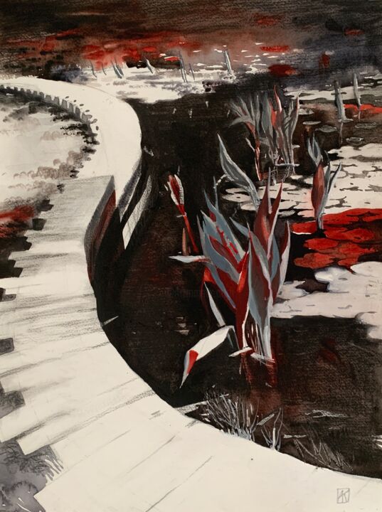 Dessin intitulée "“Black pond”" par Alexandra Kokina, Œuvre d'art originale, Aquarelle