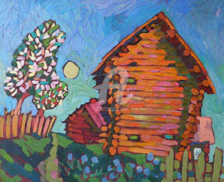 Malerei mit dem Titel "Village motive" von Alexandra Ovchinnikova, Original-Kunstwerk, Öl
