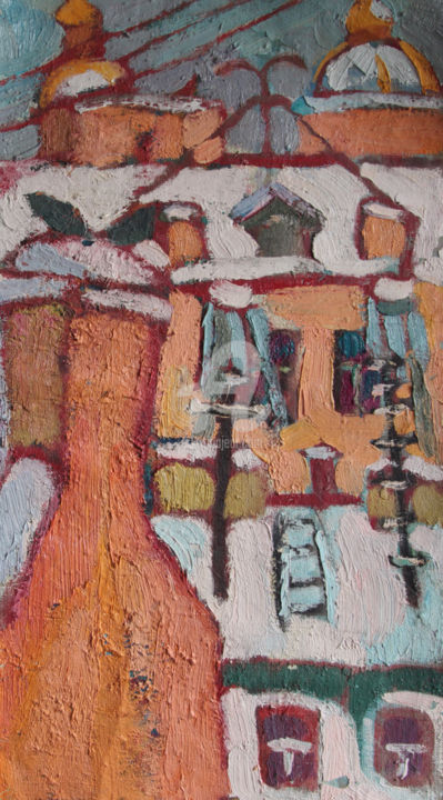 Картина под названием "Roofs of city. Wint…" - Alexandra Ovchinnikova, Подлинное произведение искусства, Масло