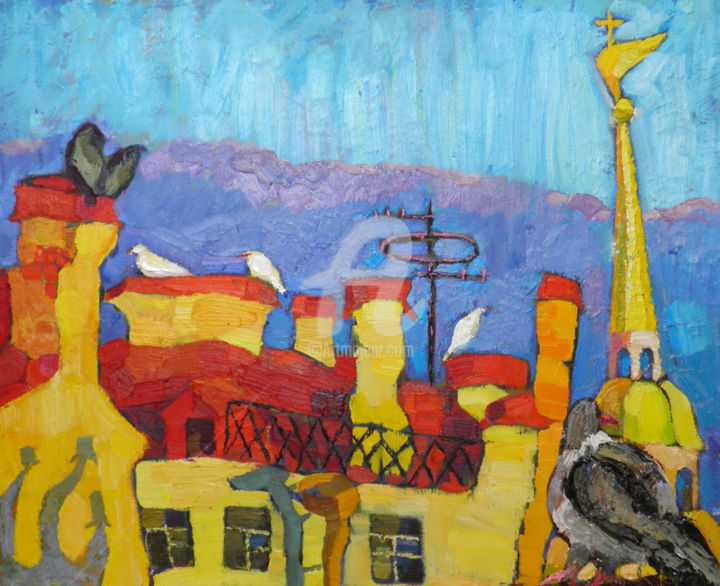 Painting titled "Birds. City roofs" by Alexandra Ovchinnikova, Original Artwork, Oil