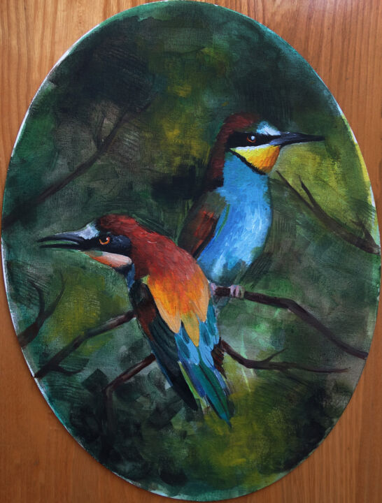 Pittura intitolato "Bee-eaters (Пчелоед…" da Alexandra Turytska, Opera d'arte originale, Acrilico Montato su Metallo