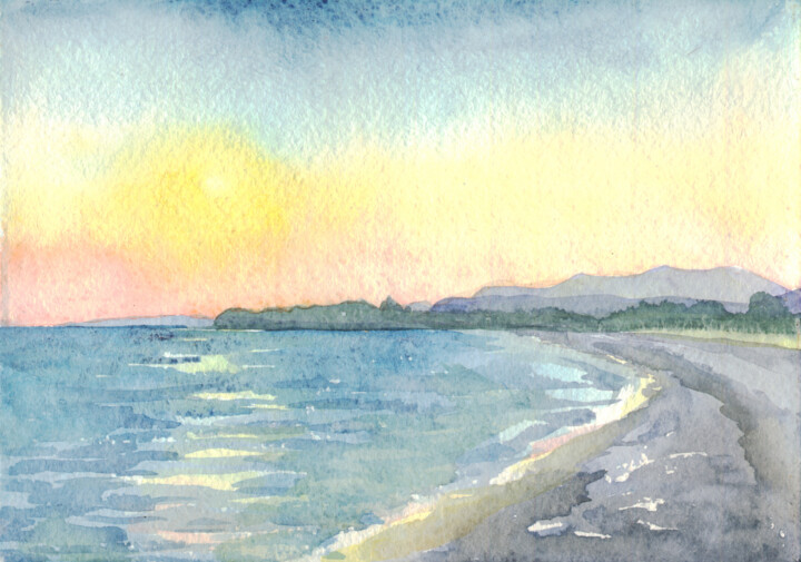 Painting titled "sea sunset #1" by Alexandra Zatelepina, Original Artwork, Watercolor