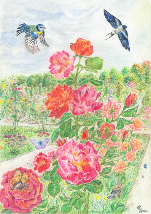 Drawing titled "Roseraie et perspec…" by Alexandra Smis, Original Artwork, Pastel