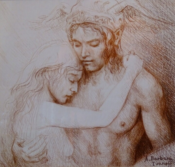 Disegno intitolato "Hermès amoureux" da Alexandre Barberà-Ivanoff, Opera d'arte originale, Gesso Montato su Altro pannello r…